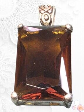 Signed Avon Amber Brown Emerald Cut Crystal Pendant Silver Tone Omega Slider 936